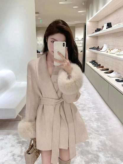 Women Versatile Tweed Cape Coat Belted fox fur Blends Coat for Women
