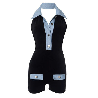Denim Patchwork Rompers Polo-Neck Backless Sleeveless Vacation Playsuits