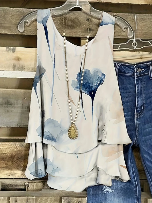 Plus Size women's printed vest top slightly elastic polyester fabric casual floral top
