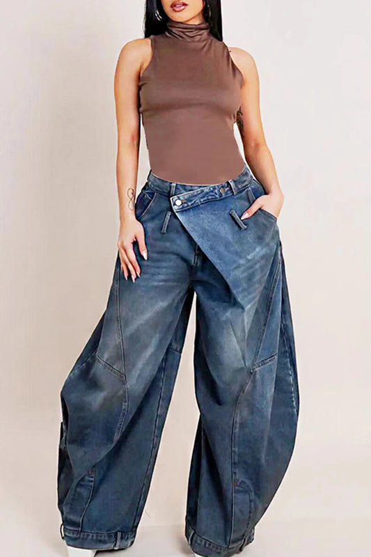 Women Loose Denim Jeans Pants Asymmetric Button Pocket Washed Jeans for Women