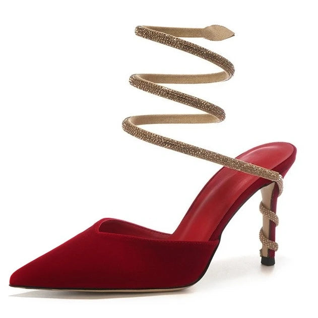 Women's Sexy Snake-Strap Rhinestone Suede Pointed High-heeled Wedding Shoes
