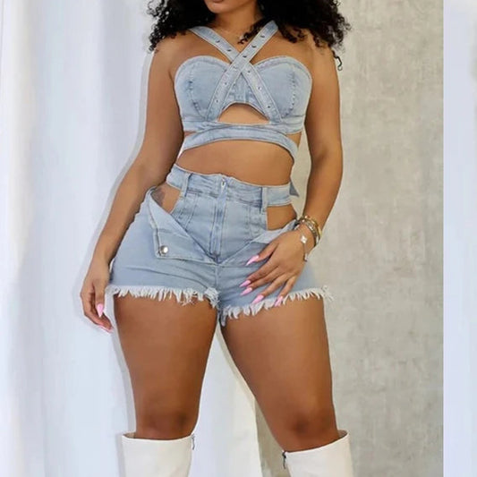 Sexy Jean Women Short Sets Straps Denim Crop Top and Cut Out Shorts Coachella Outfit