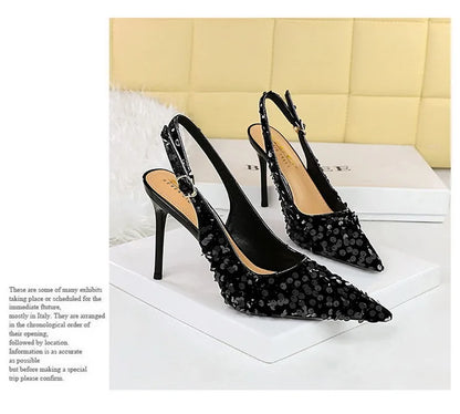 Sequined Cloth Woman Pumps Pointed Toe Thin Heels Hollow Buckle Strap Wedding Party Shoes