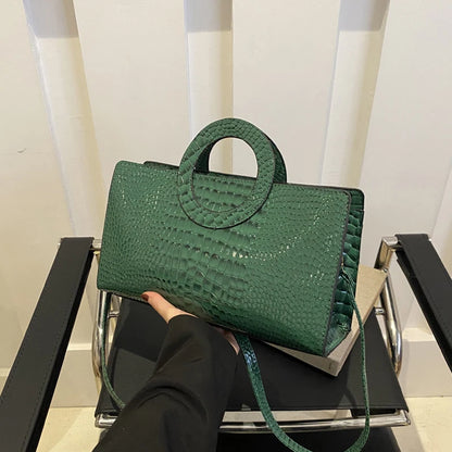 Women's Crocodile Pattern PU Leather Handbags Green Square Bag