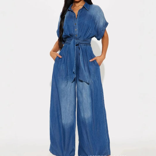 Denim Jumpsuits Women Loose Rompers Tie Dye One Piece Y2k Streetwear Wide Leg Jumpsuit