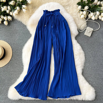 Women Long Pants Wide Leg Pant Solid Loose Casual Lace Up Tight High Waist Capris Regular Pleated Trousers