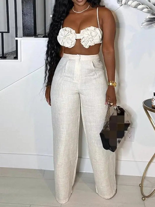 Elegant 2 Piece Sets Women Sexy 3D Flower Crop Camisole and Straight Leg Pants Set