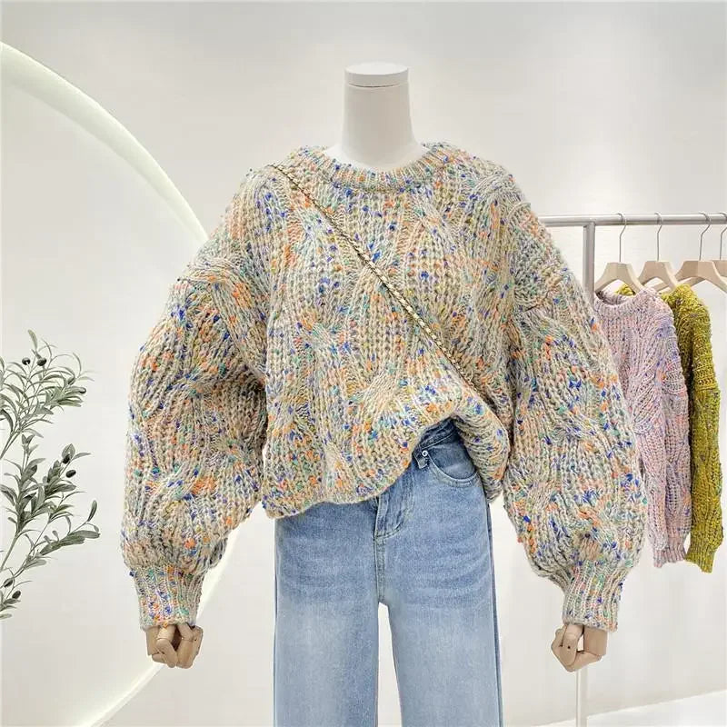 Knit Colorful Loose Fit Lantern Sleeve Cropped Sweater For Women