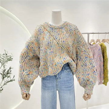 Knit Colorful Loose Fit Lantern Sleeve Cropped Sweater For Women