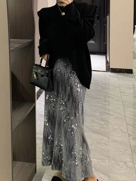 French Velvet Fishtail Skirt Sequin Beaded Embroidery Skirt