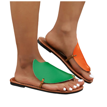 Flat Sandals For Women Ladies Summer Color Blocking Leaves Soft Leather Clip Toe Flat Yoga Sandals For Women