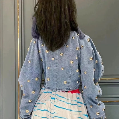 Women Rivets Long Lantern Sleeve Denim Coat Short Pearls Top Bomber Jacket Cowboy Jacket