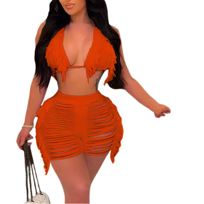 Women Fringe Tassel Bikini Shorts Set Hollow Out Jamaican Crochet Swimwear Summer Beach Knitted Cover Up Swimsuit