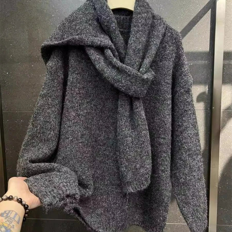 Two Piece Lazy Style Scarf Pullover Sweater Women's Inner Layer Winter Knitted Sweater