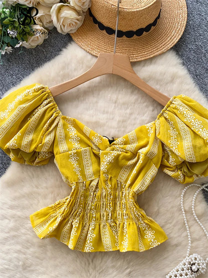 Jacquard Blouse Square Collar Puff Sleeves Elastic Slim Crop