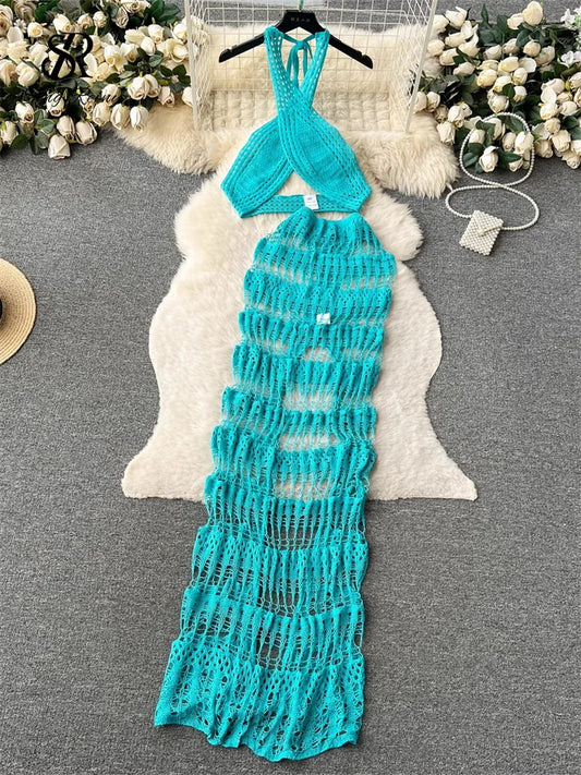 Hollow Out Female Beach Suits Fashion Cross Halter Camis+Split Long Skirt Two Piece Set Vacation Sets