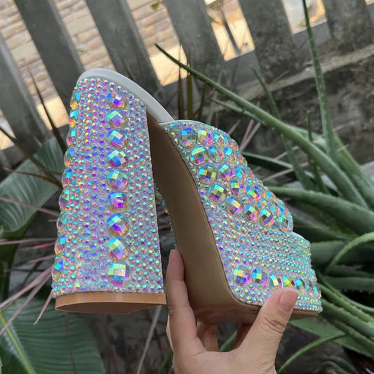 Handmade Full Rhinestones Platform Wedges Women High heels Chunky Shoes