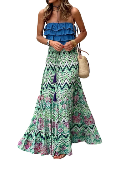 Bohemian Style Printed A-line Skirt Women Fashion Beach Vacation Loose Drawstring Ruffles Skirts Female  Summer New Streetwear