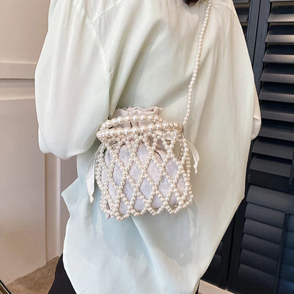 Luxury Pearl Women Bucket Tote Bag Woven Pearl Crossbody Bags for Women Small Wallet