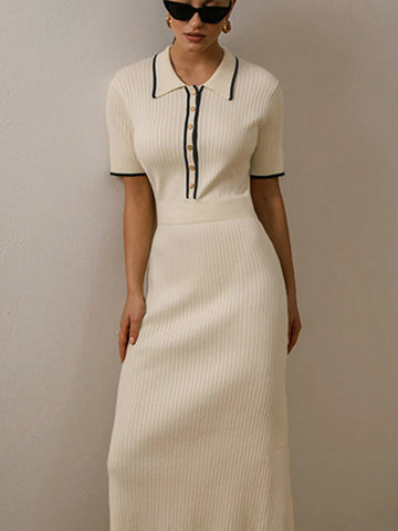 Women's White Knit Midi Dress, Short Sleeve, Patchwork, Elegant Sweater Dress