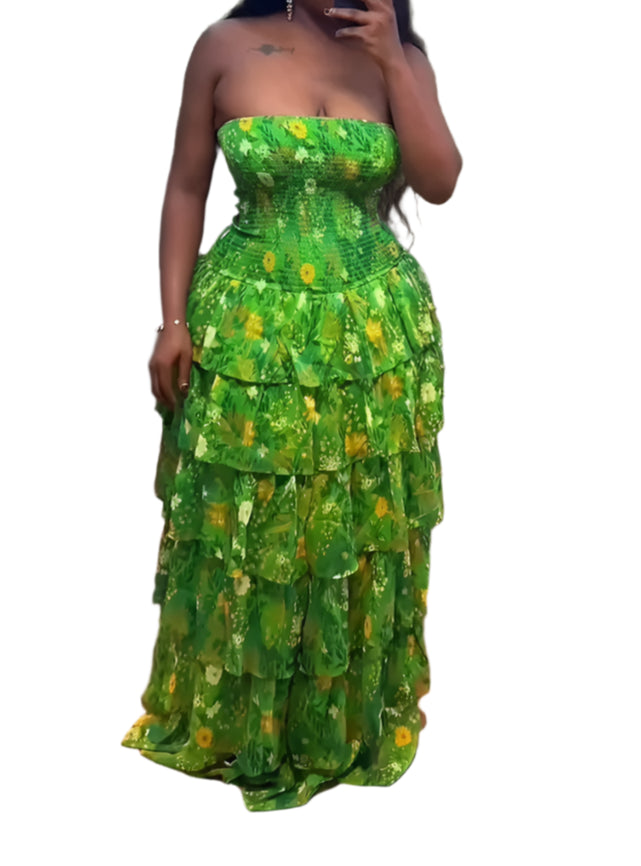 Women's Beach Maxi Dress Sexy Bustier Waist Tie Flounce Hem Tiered Maxi Dress