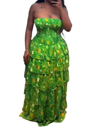 Women's Beach Maxi Dress Sexy Bustier Waist Tie Flounce Hem Tiered Maxi Dress