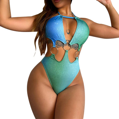 Women Swimsuit Sexy Snake Skin Printed Monokini Gradient Halter One Piece Swimsuit Swimwear
