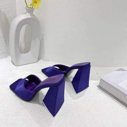 Silk Triangle Square Heels Heel Woman Slippers Sexy Street Party Square Toe Heels