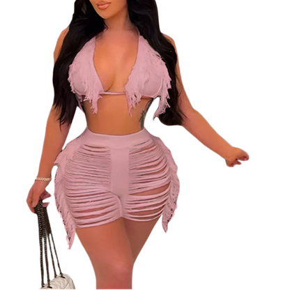 Women Fringe Tassel Bikini Shorts Set Hollow Out Jamaican Crochet Swimwear Summer Beach Knitted Cover Up Swimsuit