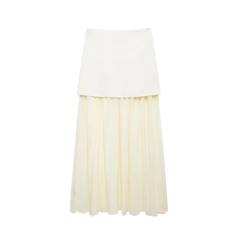 Knitted Patchwork Pleated Side Zipper Midi Skirt Vintage High Waist Female Chic Lady Skirts