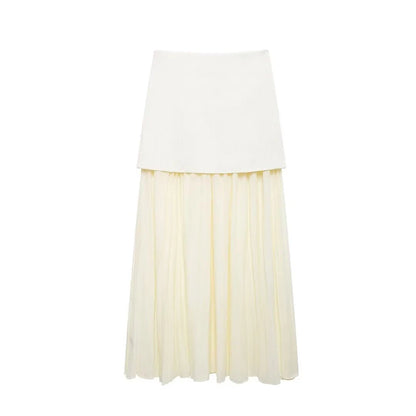 Knitted Patchwork Pleated Side Zipper Midi Skirt Vintage High Waist Female Chic Lady Skirts