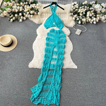 Hollow Out Female Beach Suits Fashion Cross Halter Camis+Split Long Skirt Two Piece Set Vacation Sets