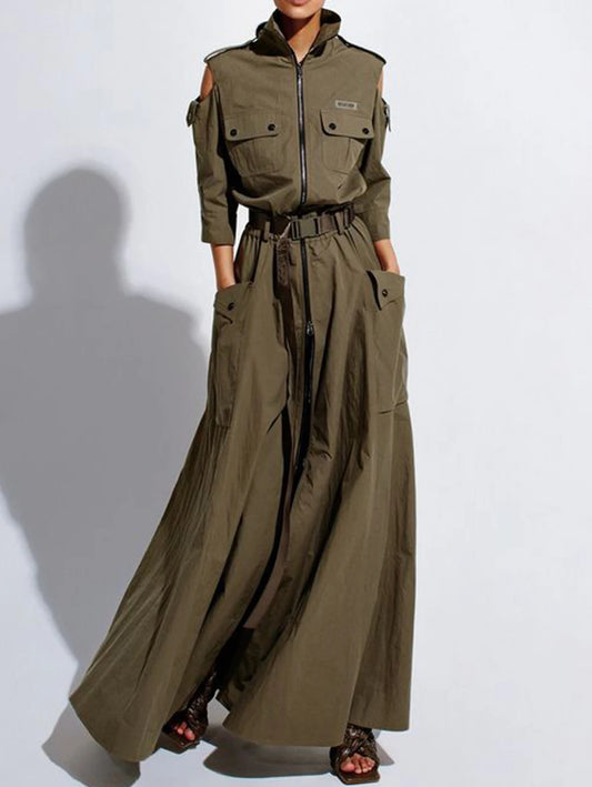 Cargo Long Dress for Women Vintage Zipper Fly Pockets and Cutout Shoulders