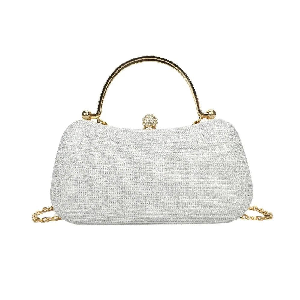Gold Bright Silk Circular Evening Bag Women Banquet Clutch Rhinestone Chain Shoulder Bags