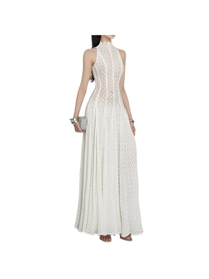 Solid Spliced Appliques Loose Maxi Dress For Women O Neck Sleeveless High Waist Dress