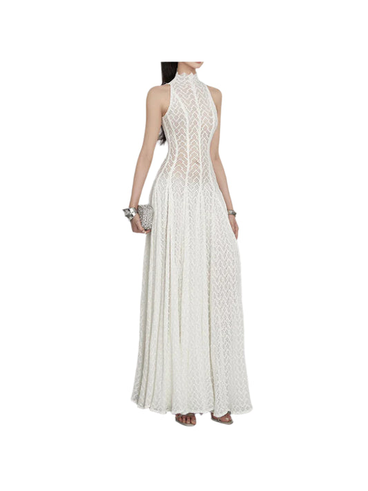 Solid Spliced Appliques Loose Maxi Dress For Women O Neck Sleeveless High Waist Dress