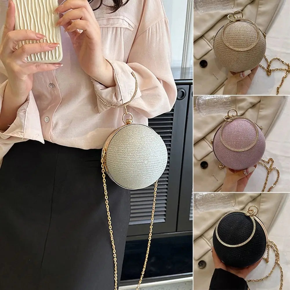 Gold Bright Silk Circular Evening Bag Women Banquet Clutch Rhinestone Chain Shoulder Bags