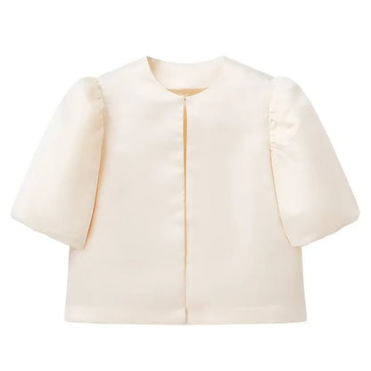 Solid Satin Women's Blouse Top With Pouf Balloon Sleeve O Neck Loose Blouses
