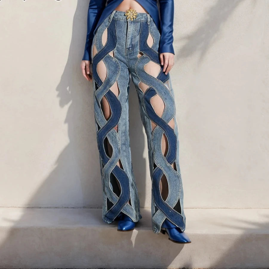 Women High Waist Patchwork Wide Leg Jeans