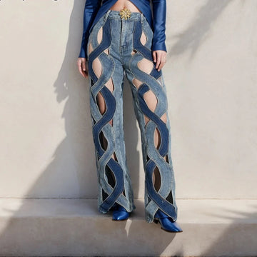 Women High Waist Patchwork Wide Leg Jeans