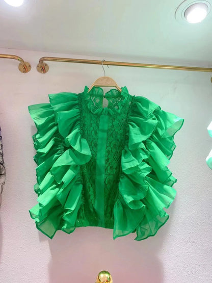 Women Blouse Shirts Stand Collar Y2k Tops Ruffles Lace Sexy Blouses