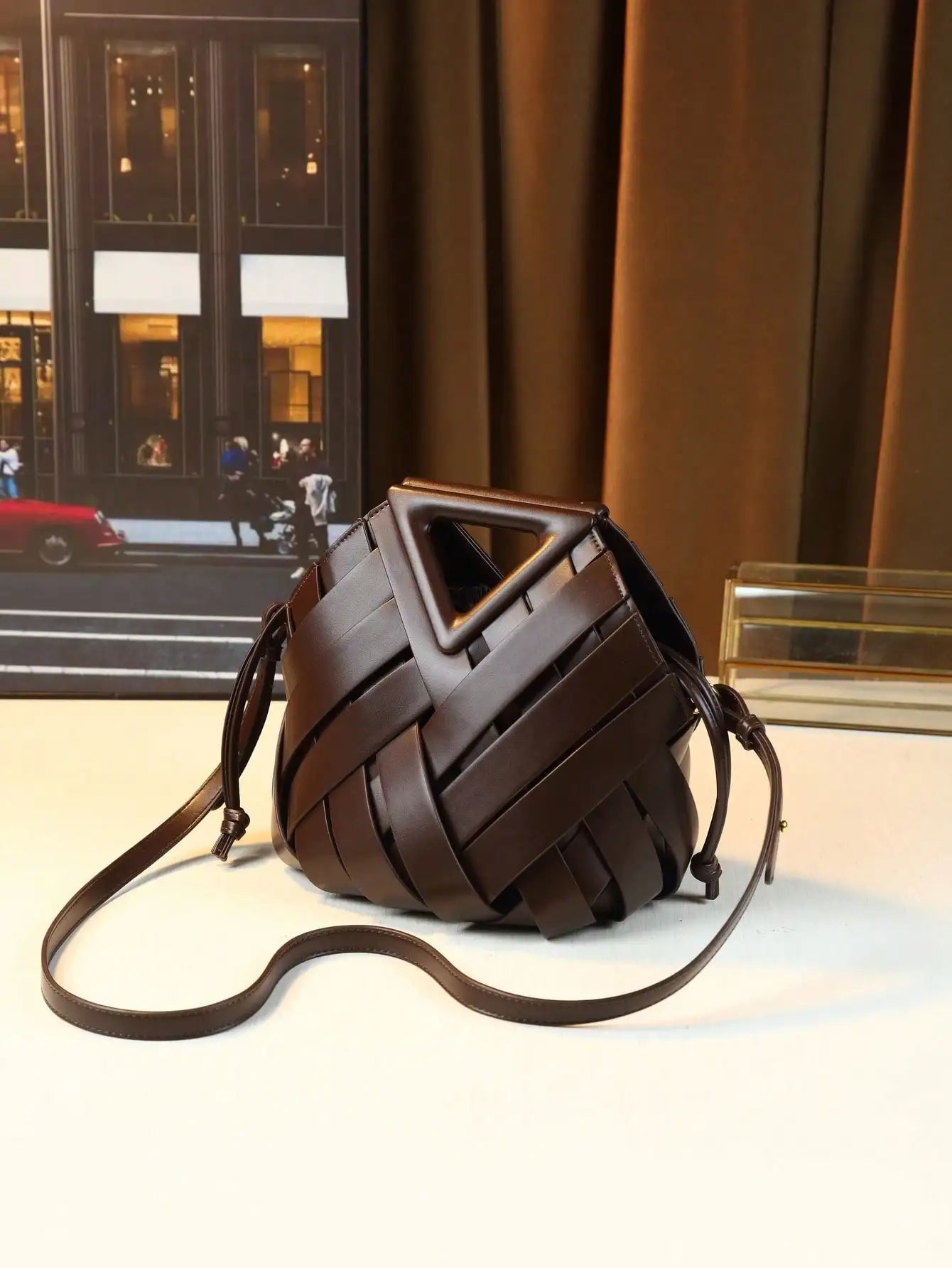 Woven Design Women Handbag, Tote Basket Bag, High-End Inverted Triangle Shaped Handbag
