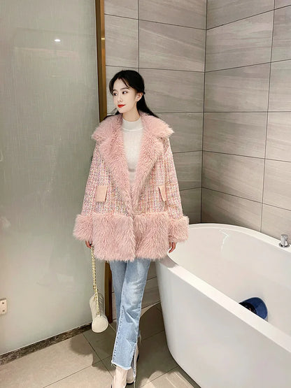Glitter Coarse Wool Blended Fur Coat Long Sleeve Loose Coat