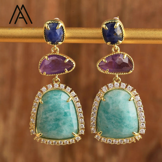 Luxury Crystal Earrings Wedding Jewelry Healing Natural Gemstone Amethysts Amazonite Labradorite Stud Earring Gift to Women