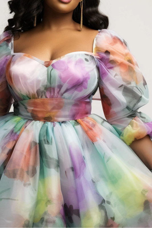 Plus Size Prom Multicolor Milkmaid Floral Square Neck 3/4 Sleeve Organza Mini Dress