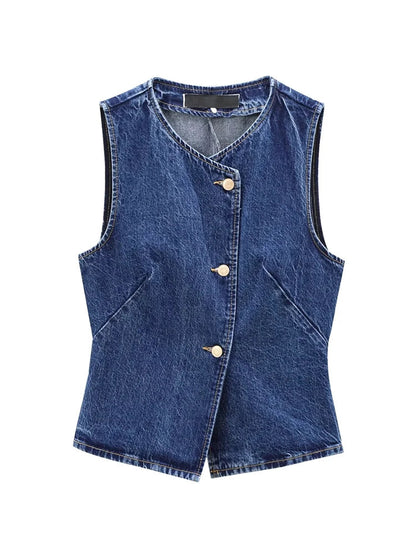 Women's Short Vest Blue Denim Vest Top Casual Cropped Sleeveless Top
