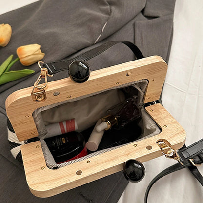Retro Striped Wooden Clip Shell Bags for Women Messenger Bag Black and white