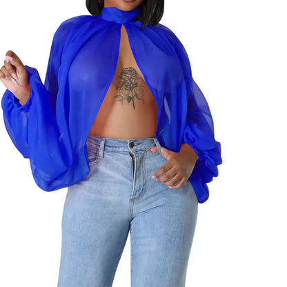 Womens Chiffon Blouse Sexy See Through Lantern Sleeve Front Back Open High Neck Blouses Tops