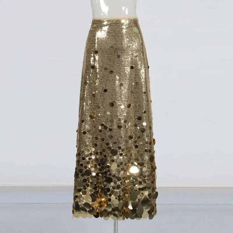 Solid Patchwork Sequins Chic Skirts For Women High Waist Zipper A Line Skirts
