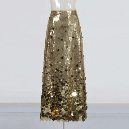 Solid Patchwork Sequins Chic Skirts For Women High Waist Zipper A Line Skirts